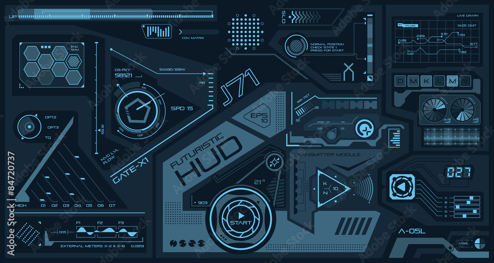 HUD abstract interface. Futuristic elements on monochrome screen HUD abstract interface. Futuristic elements on monochrome screen
