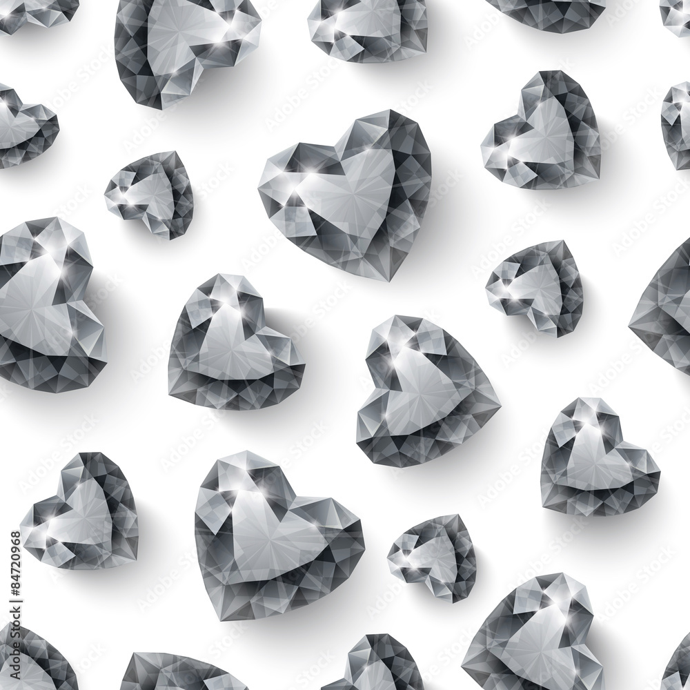 Naklejka premium Shiny diamond hearts on white background seamless pattern