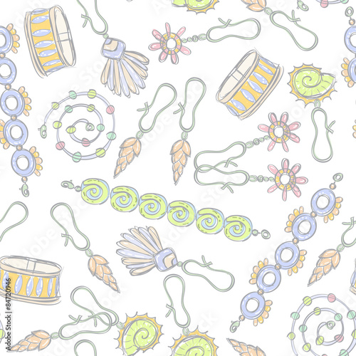 Vector seamless pattern on the theme of jewelry with sketches of fashionable earrings and bracelets. Background for use in design, web site, packing, textile, fabric