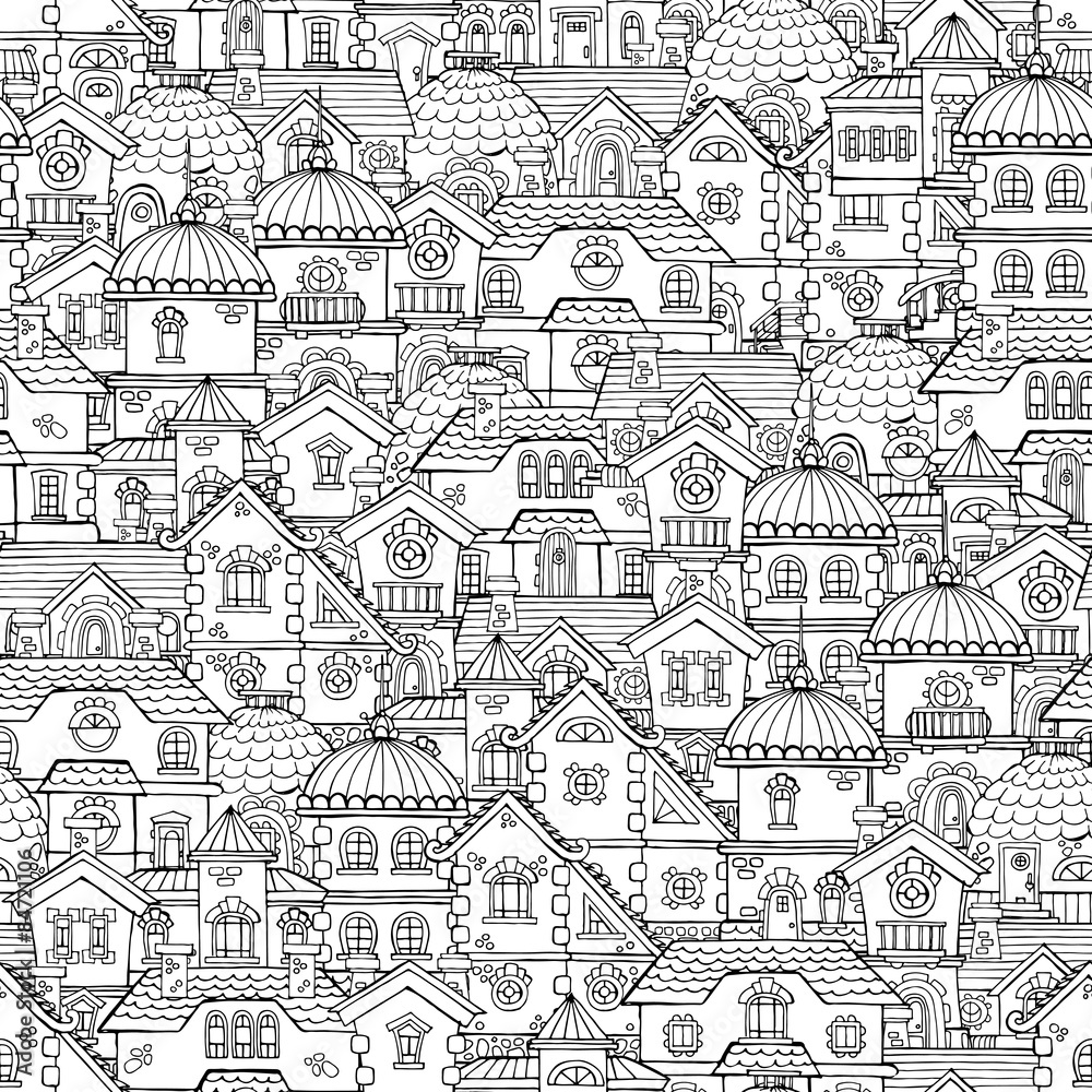 Vector seamless pattern with hand drawn and colorful houses on white color. Background for use in design, web site, packing, textile, fabric