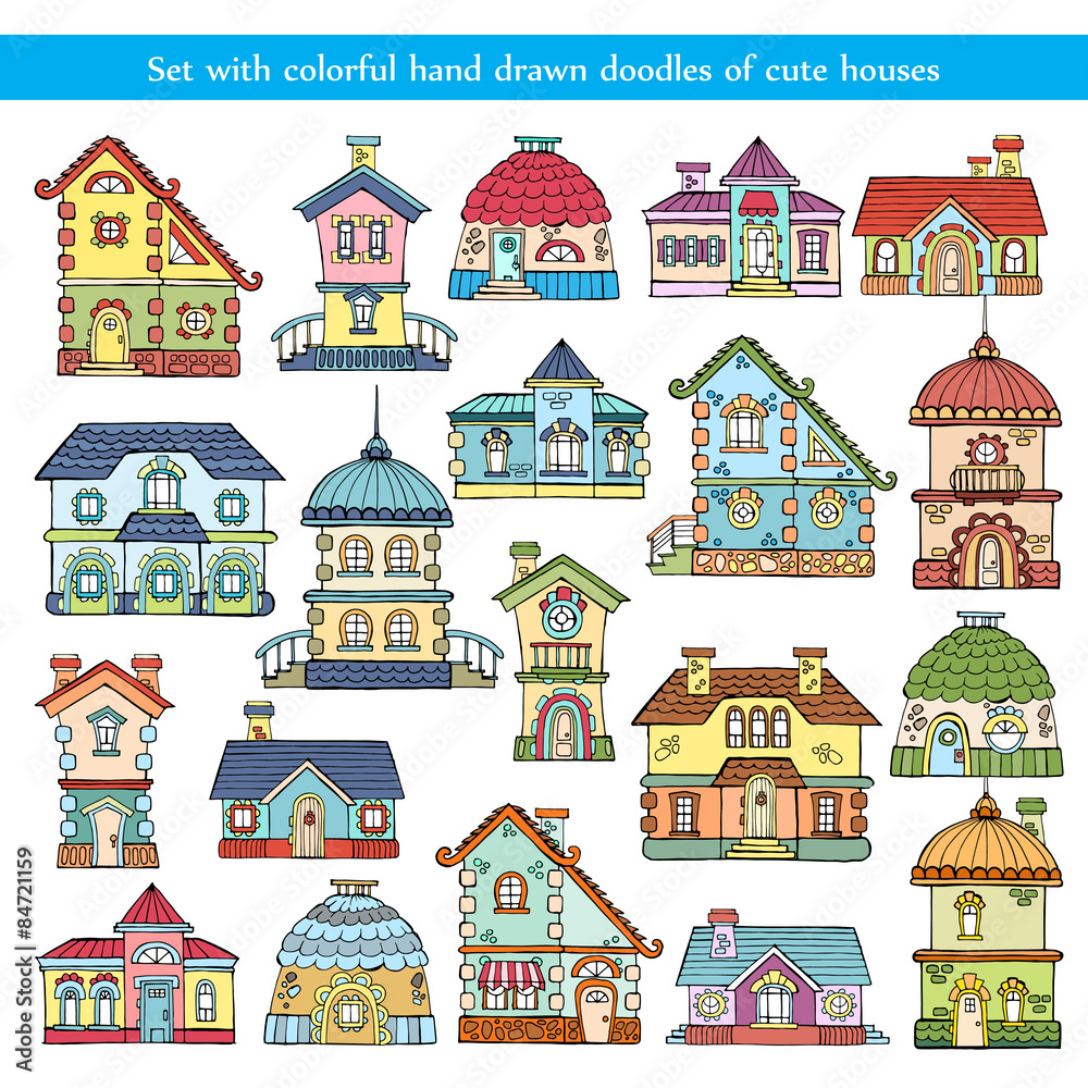 Vector set with colorful hand drawn doodles of cute houses and buildings on white background. Sketches for use in design