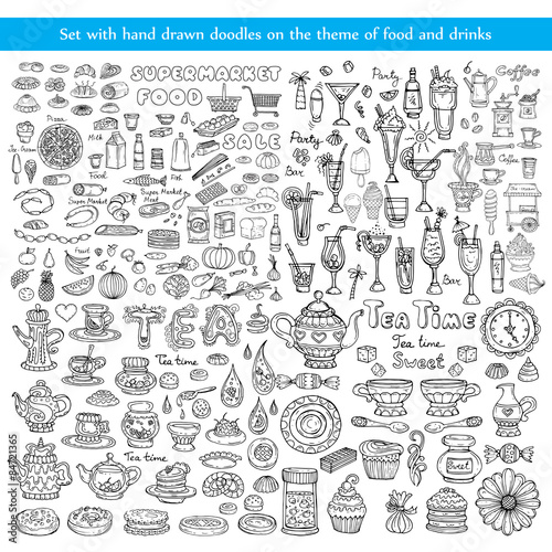 Vector set with hand drawn doodles on the theme of food and drinks on white background. Sketches for use in design