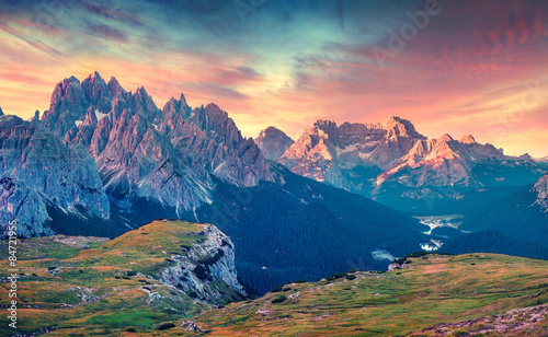 Colorful summer sunrise on Cadini di Misurina mountain range