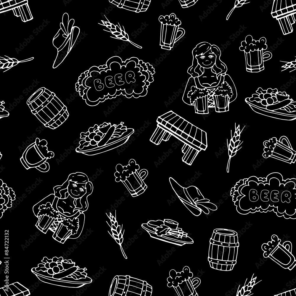 Vector seamless pattern on the theme of beer on black color. Hand drawn background. Background for use in design, web site, packing, textile, fabric
