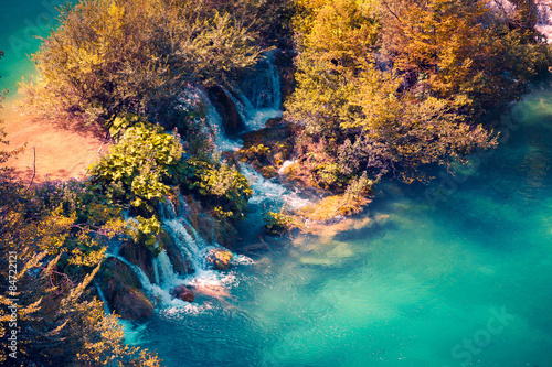 Colorful autumn morning in the Plitvice Lakes National Park.