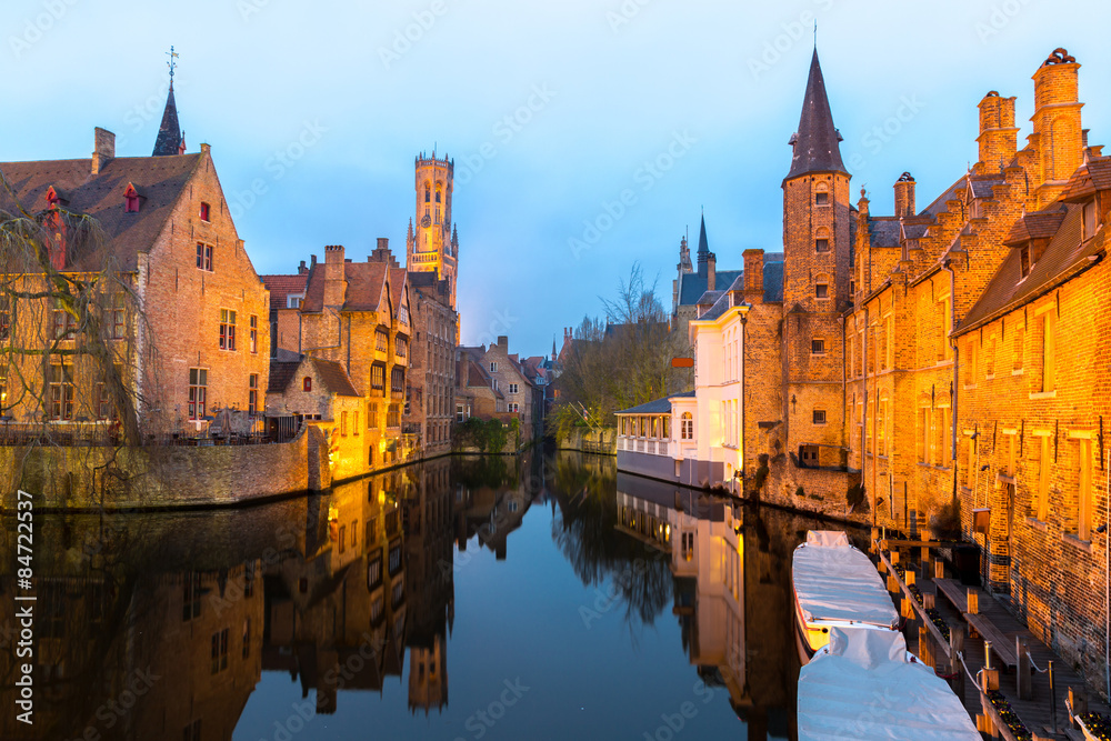 Bruges, Belgium at dusk.