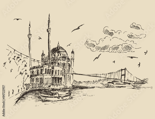 Istanbul, Turkey, City, Bosphorus Vintage Engraved