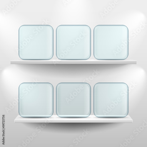 Shelves with glass app icons on white background
