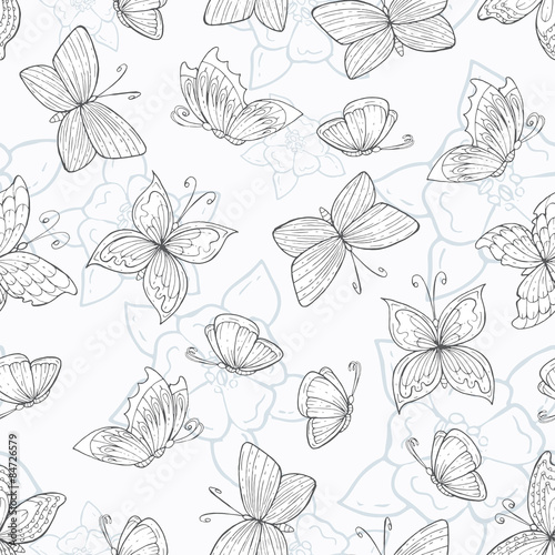 Vector seamless pattern with hand drawn butterflies and flowers on white background. Background for use in design, web site, packing, textile, fabric