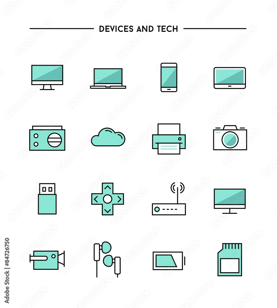 set of thin line flat devices and tech icons set of thin line flat devices and tech icons