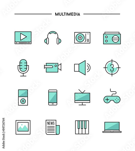 set of thin line flat multimedia icons