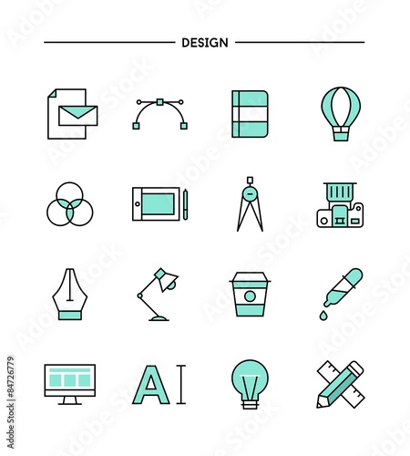 set of flat design, thin line designer's tools icons