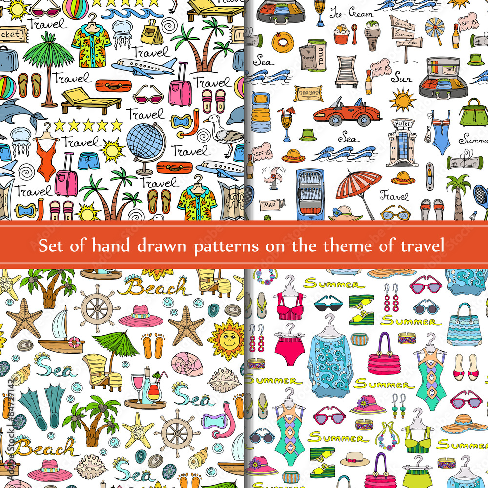 Vector set of hand drawn seamless patterns on the theme of travel on white background. Sketches for use in design