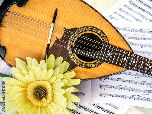 Mandoline met bloem en bladmuziek photo