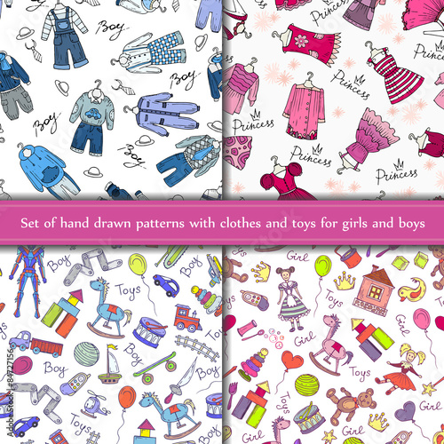 Vector set of hand drawn seamless patterns with clothes and toys for girls and boys on white background. Background for use in design, web site, packing, textile, fabric