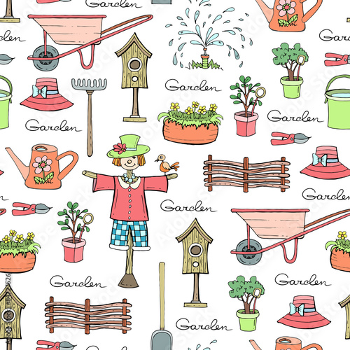Vector seamless pattern with hand drawn garden attributes. Background for use in design, web site, packing, textile, fabric

