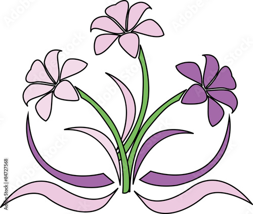 Fototapeta Naklejka Na Ścianę i Meble -  A set of three violet flowers with colored ribbons