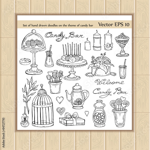 Vector set of hand drawn doodles on the theme of candy bar on white background. Sketches for use in design