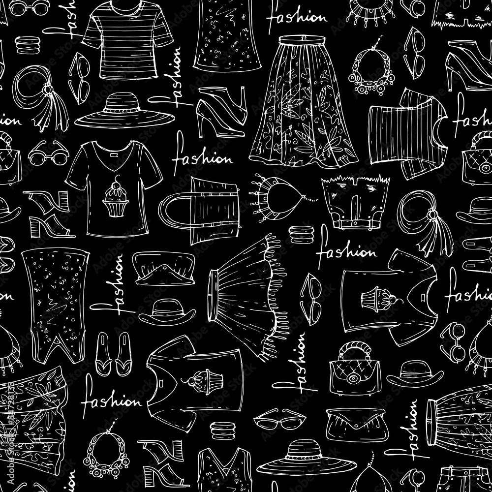 Vector seamless pattern of hand drawn fashion collection with summer  women's clothing on black background. Background for use in design, web site,  packing, textile, fabric Stock Vector | Adobe Stock