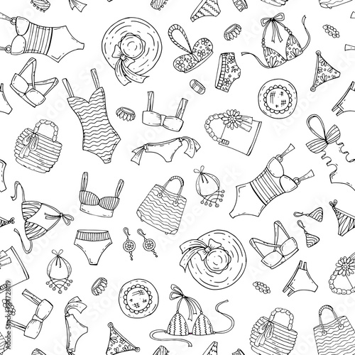 Vector seamless pattern with hand drawn fashionable swimsuits and accessories on white color. Background for use in design, web site, packing, textile, fabric