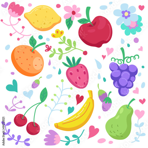 Pretty set of fruits in lovely bright color. Set of fruits are apple, lemon, banana, orange, pear, grapes, cherries, strawberry, and some small berries, along with flowers and ferns in vector