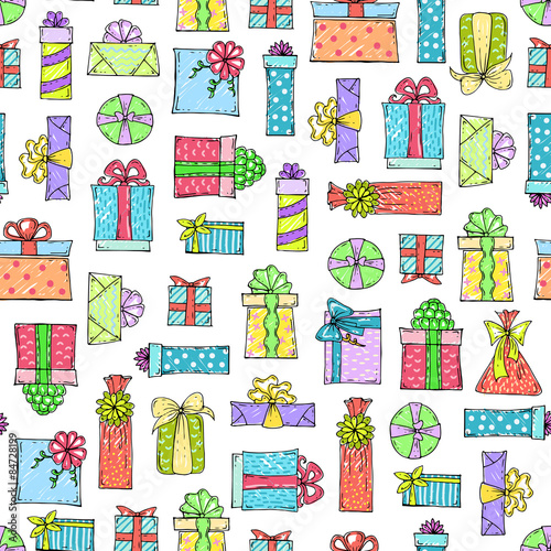 Vector seamless pattern of hand drawn gifts on white background. Background for use in design, web site, packing, textile, fabric