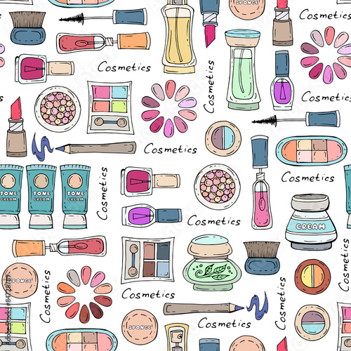 Vector seamless pattern with hand drawn cosmetics for women. Background for use in design, web site, packing, textile, fabric