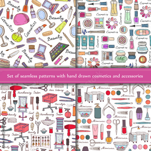 Vector set of seamless patterns with hand drawn cosmetics and accessories on white background. Background for use in design, web site, packing, textile, fabric