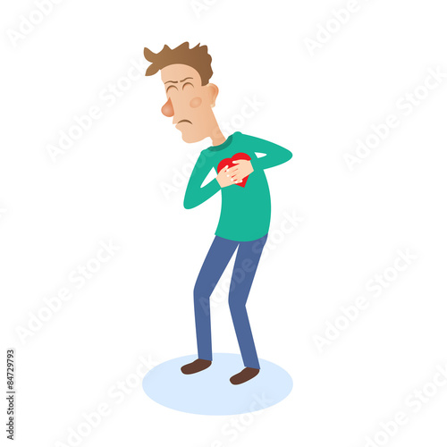 Young man with strong heart attack. Vector illustration.