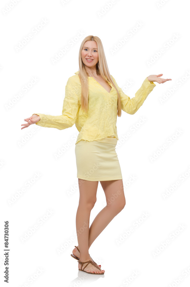 Pretty young woman in summer yellow clothing isolated on white Pretty young woman in summer yellow clothing isolated on white