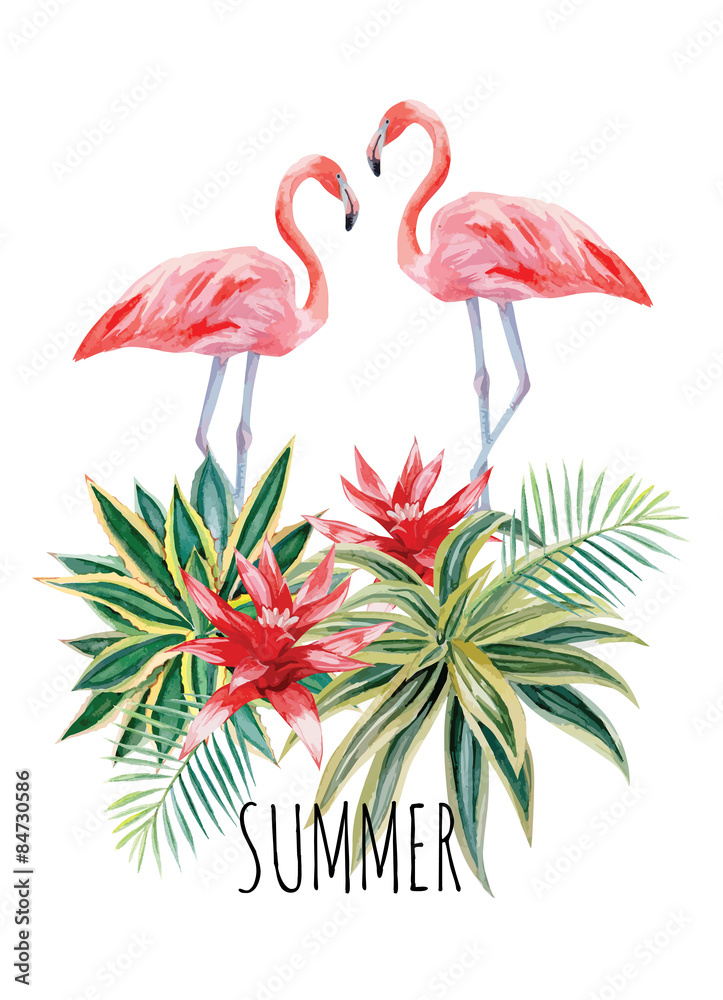 Naklejka premium akwarela i flamingo rośliny tropikalne