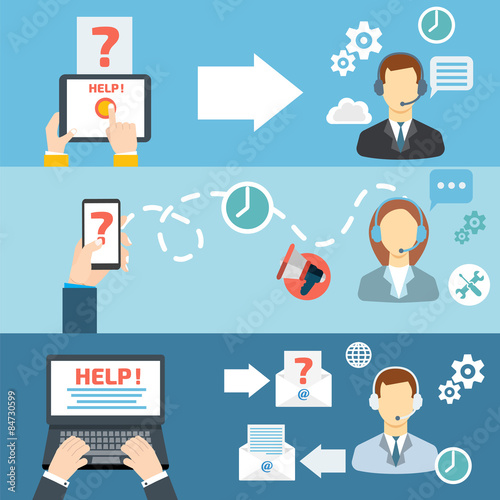Technical support call center contact flat banner set vector ill