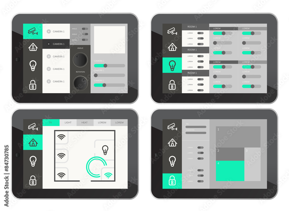 Home security app interface on tablet screen Home security app interface on tablet screen