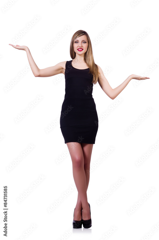 Young blond girl in black dress holding solated on white Young blond girl in black dress holding solated on white
