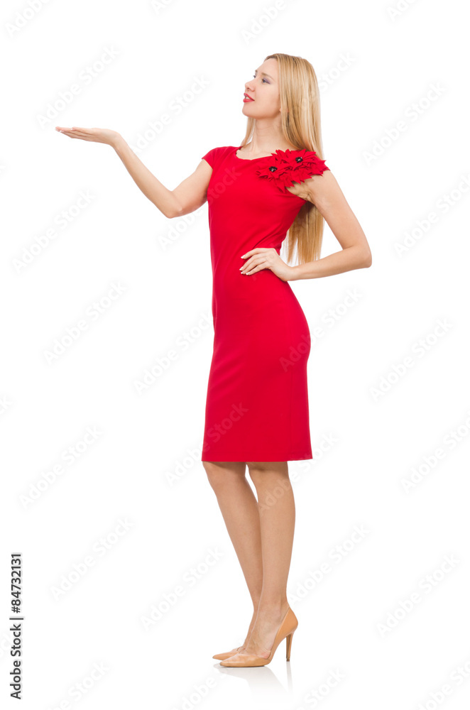 Blond woman in scarlet dress isolated on white Blond woman in scarlet dress isolated on white