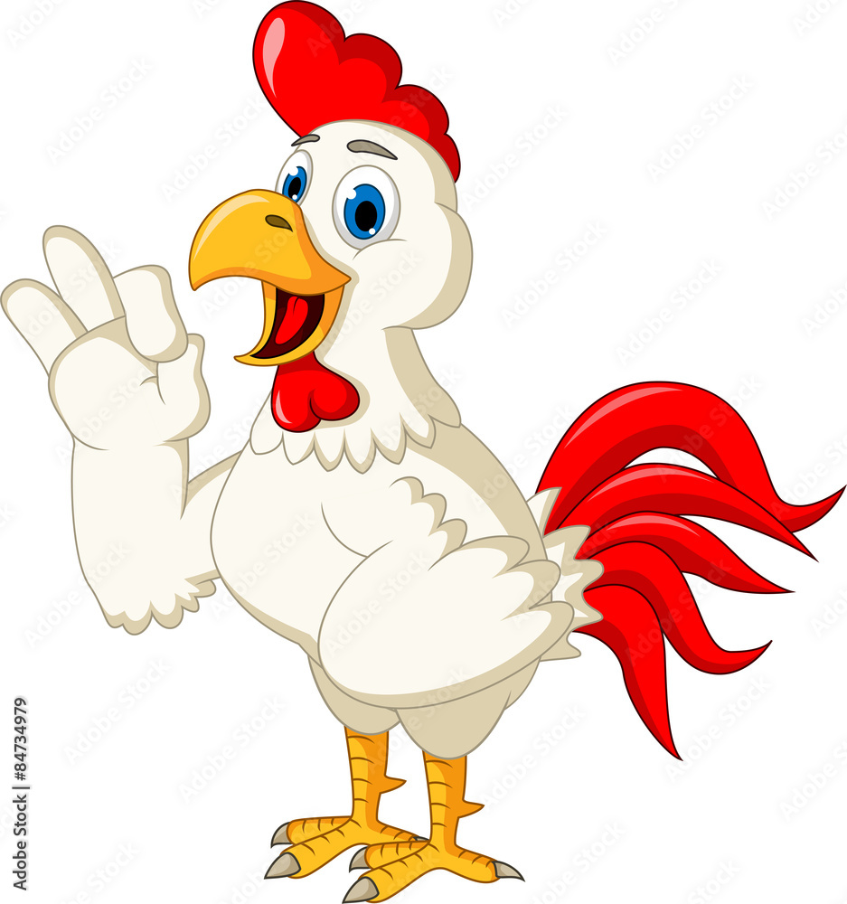 Happy cartoon chicken pointing