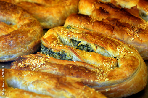 Balkans pastry borek on display in a bakery