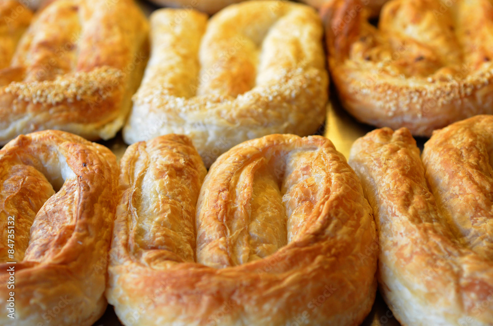 Balkans pastry borek on display in a bakery Balkans pastry borek on display in a bakery