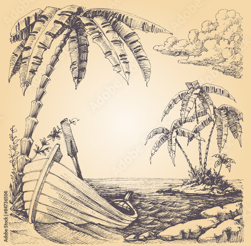 Boat on sea shore, tropical island and palm tree