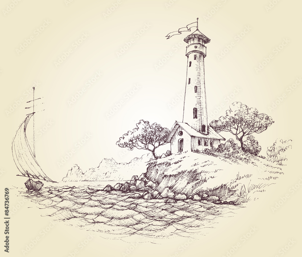 Lighthouse vector drawing, seascape and sailboat at sea, travel Lighthouse vector drawing, seascape and sailboat at sea, travel