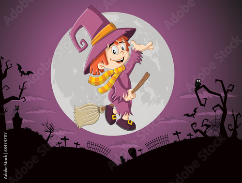 Cartoon witch girl flying over halloween cemetery background
