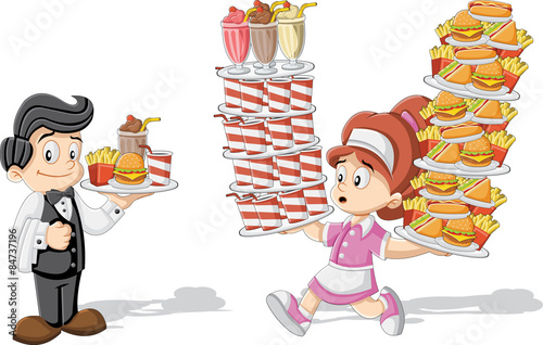 waitress and waiter holding tray with fast food.
