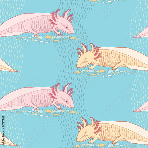 Seamless pattern with cute Mexican axolotl