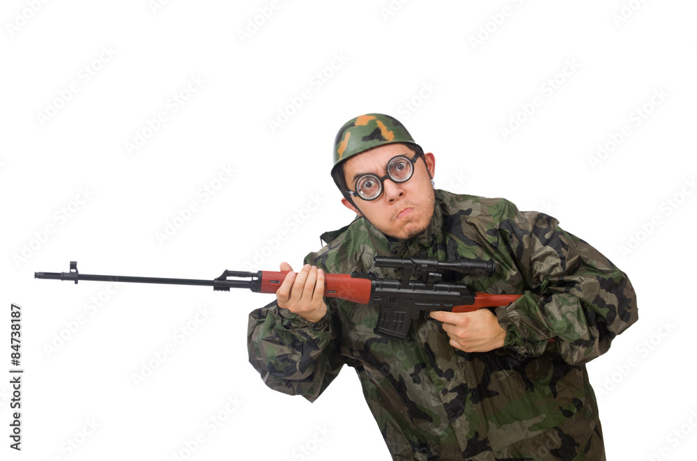 Military man with a gun isolated on white Military man with a gun isolated on white
