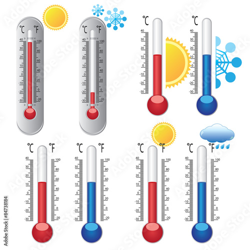 Thermometers with weather icons.