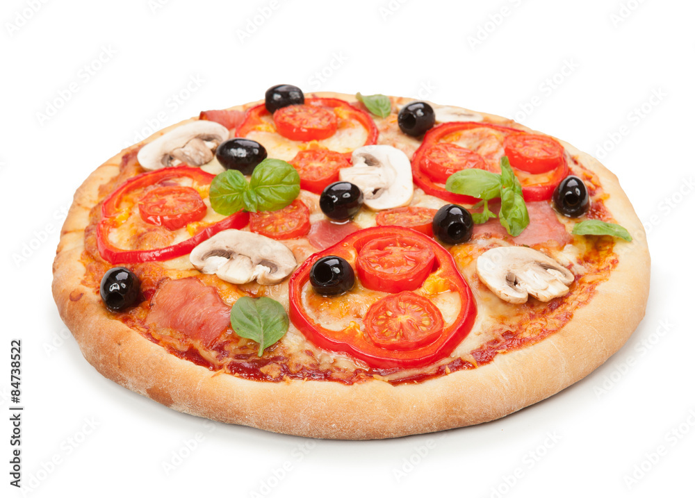 Delicious hot pizza isolated on white background Delicious hot pizza isolated on white background