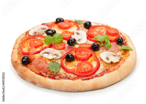 Delicious hot pizza isolated on white background