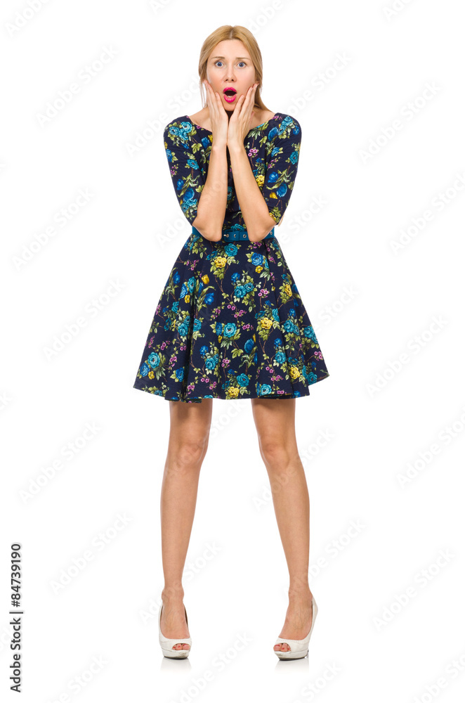 Woman in dark blue floral dress isolated on white Woman in dark blue floral dress isolated on white