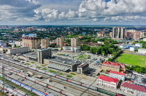 Aerial view onto railway station in Tyumen. Russia