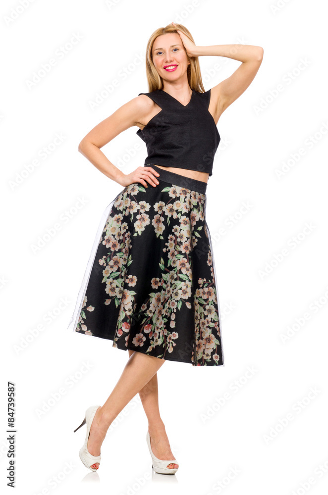 Woman in floral dark skirt isolated on white